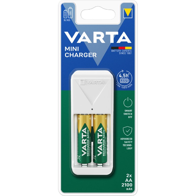 VARTA Mini Charger batterijlader, wit, inclusief 2x AA batterijen