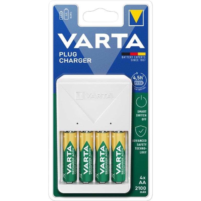 VARTA oplader Plug Charger, wit, inclusief 4x AA batterijen 2100 mAh