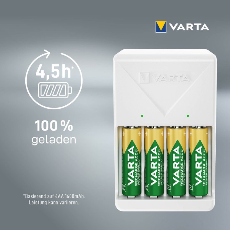 VARTA oplader Plug Charger, wit, inclusief 4x AA batterijen 2100 mAh