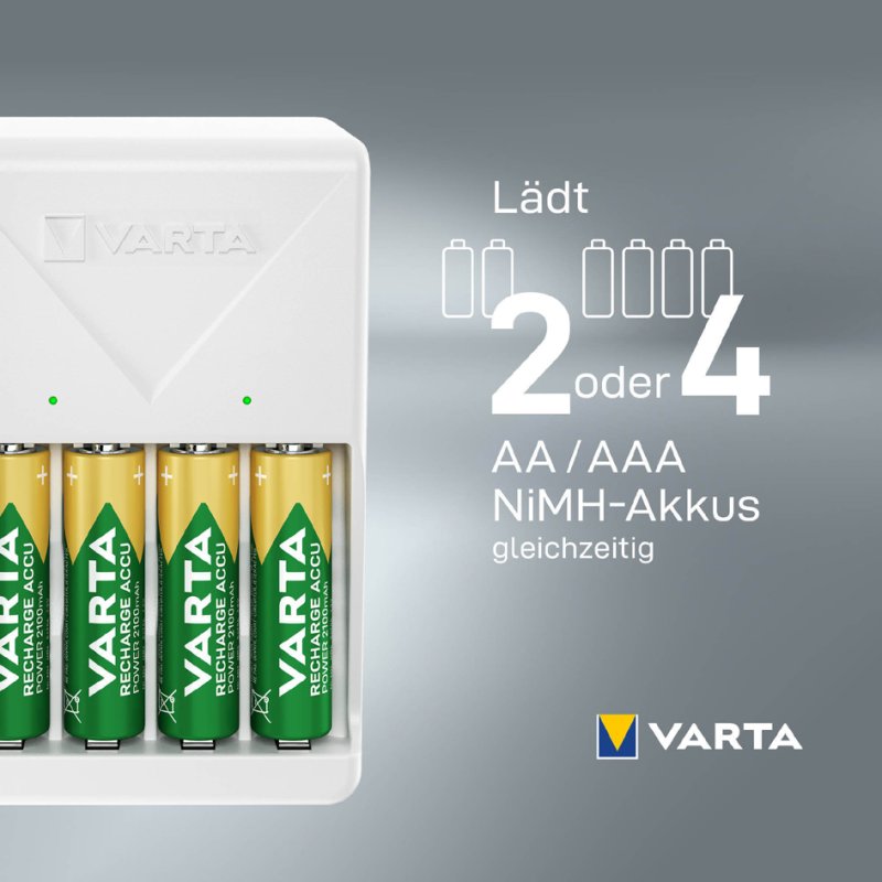 VARTA oplader Plug Charger, wit, inclusief 4x AA batterijen 2100 mAh