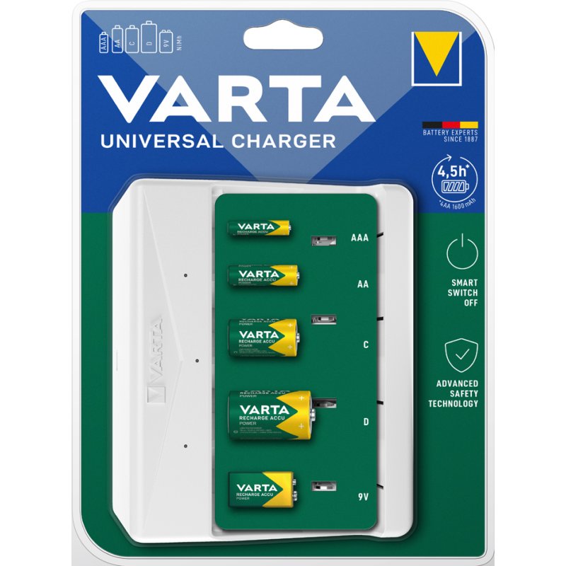VARTA universele batterijlader, wit, AA AAA C D 9V, USB-C kabel