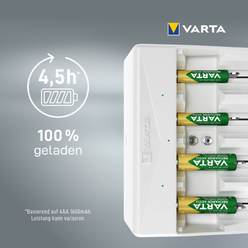 VARTA universele batterijlader, wit, AA AAA C D 9V, USB-C kabel