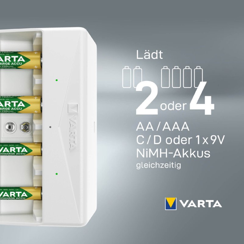 VARTA universele batterijlader, wit, AA AAA C D 9V, USB-C kabel