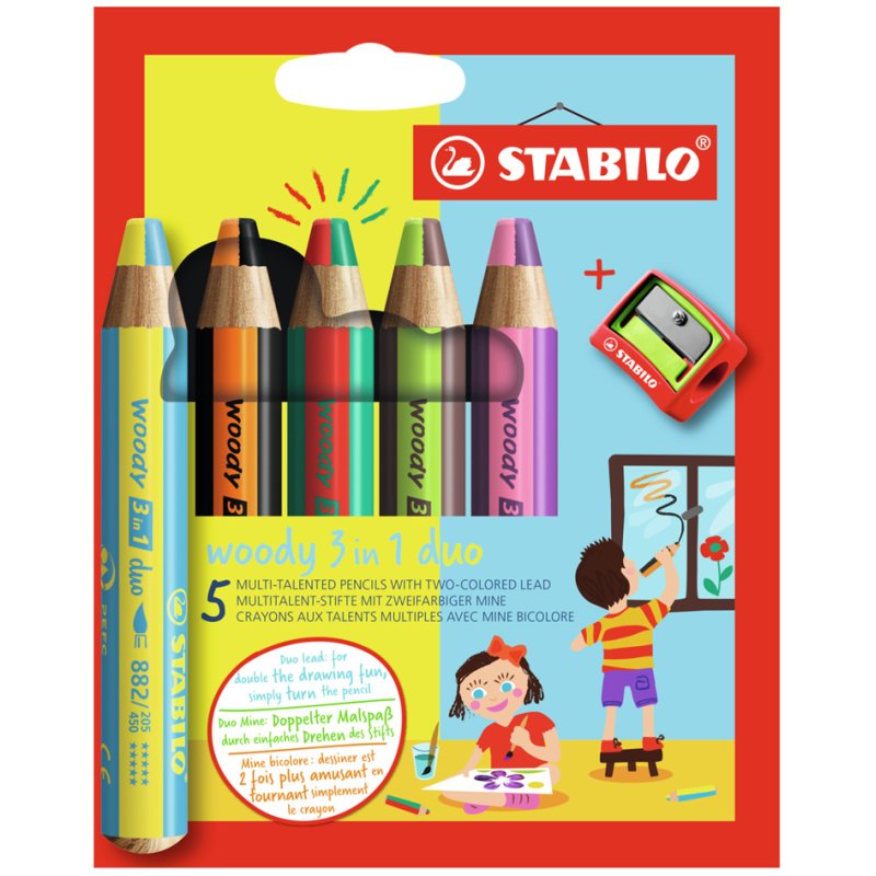 STABILO woody 3-in-1 duo multifunctional pencil, case of 5 pieces, 10 mm