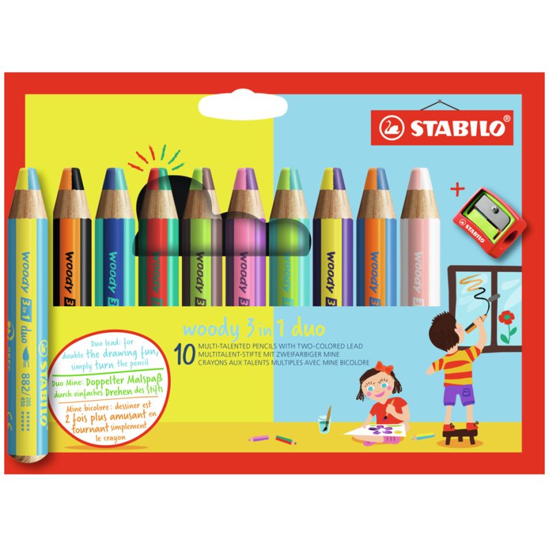 STABILO woody 3-in-1 duo multifunctional pencil, case of 5 pieces, 10 mm