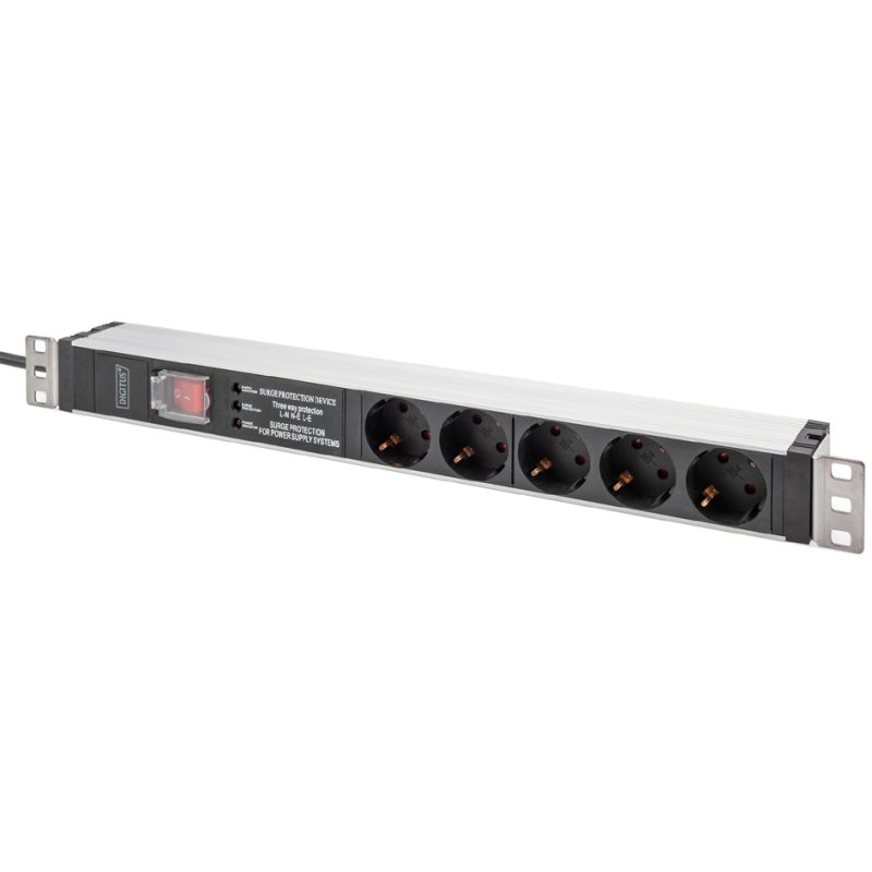 DIGITUS 19" stekkerblok met schakelaar, zilver/zwart, 5-voudig, 1 HE, overspanningsbeveiliging