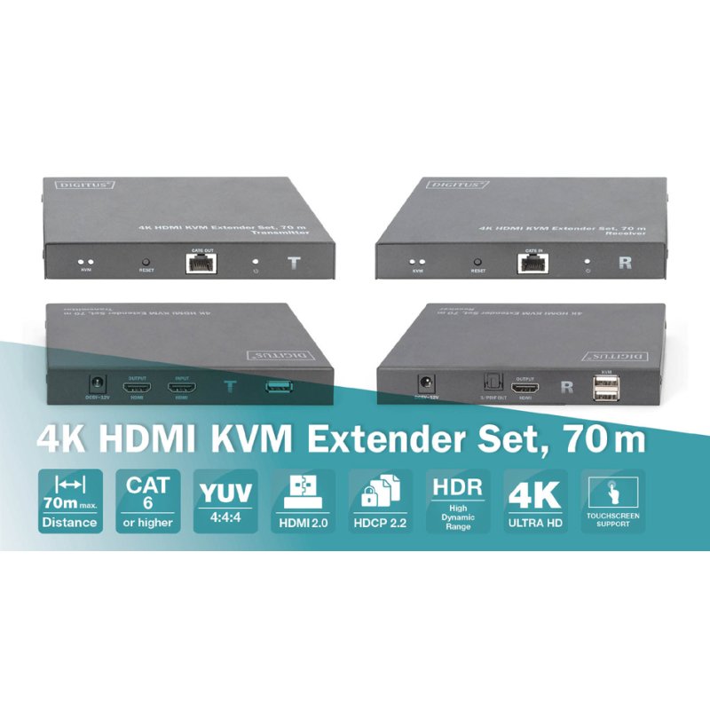 DIGITUS 4K HDMI KVM extender set, 70 meter bereik, 4K2K/60Hz