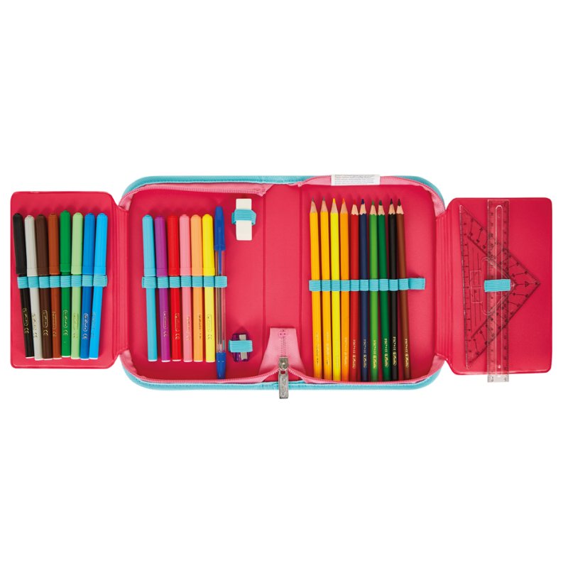 herlitz Trousse, rose/turquoise, polyester, 205×140×38 mm, 2 rabats, garnie