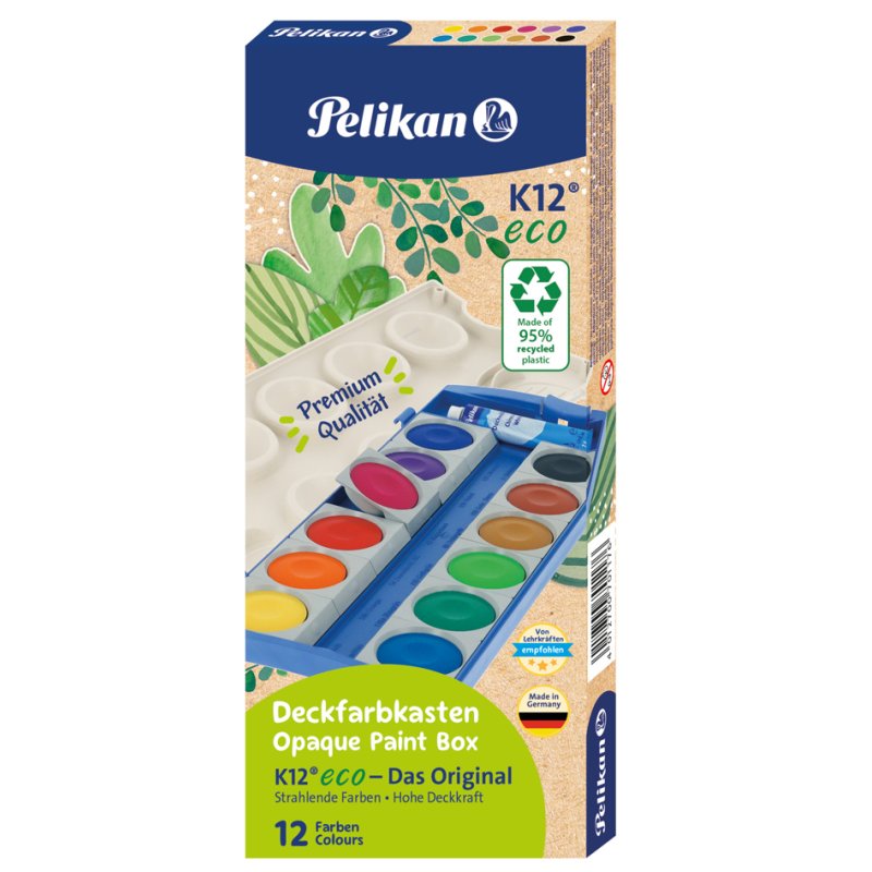 Pelikan K12 eco gouache paint box, 12 colours, blue, 95% recycled plastic