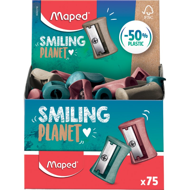 Maped taille-crayon Joyeuse Planète, 50% fibres de bois, 75 pièces display