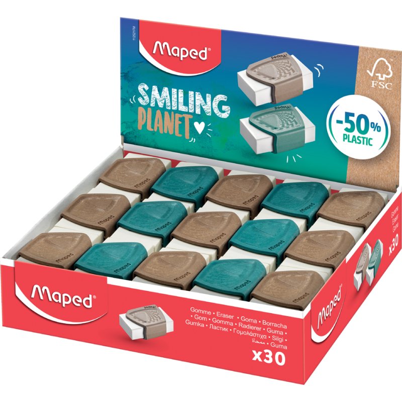 Maped gomme SMILING PLANET, sans PVC, boîte de 30