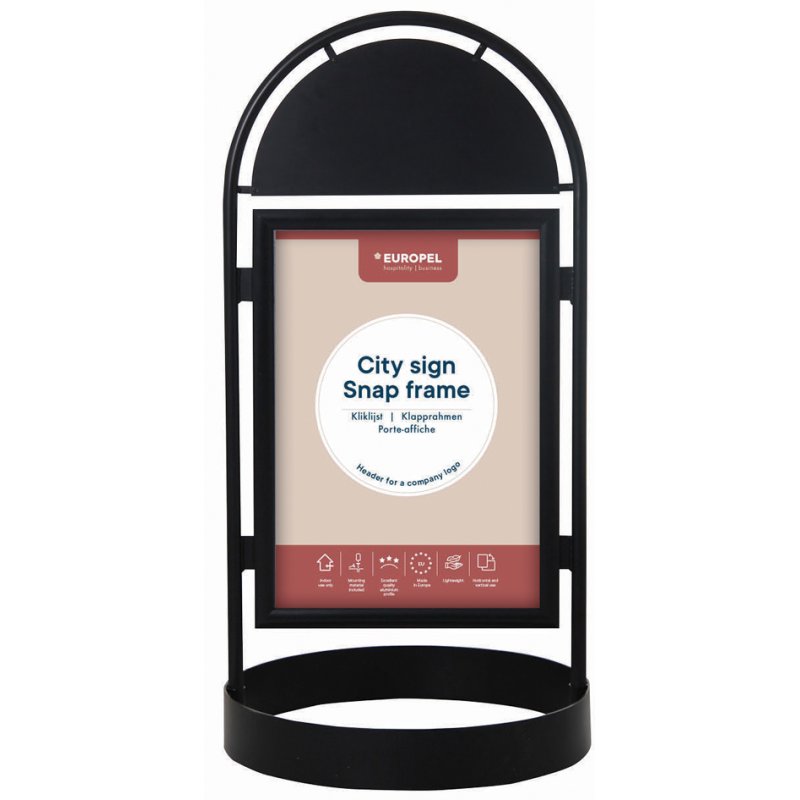 EUROPEL chevalet publicitaire CITY SIGN, métal noir, cadre A1 pliant, 1500×760×760 mm