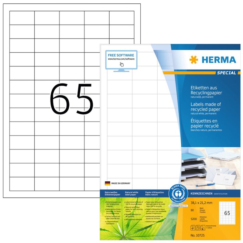 HERMA étiquettes universelles recyclage, 38,1 × 21,2 mm, blanc naturel, 80 feuilles