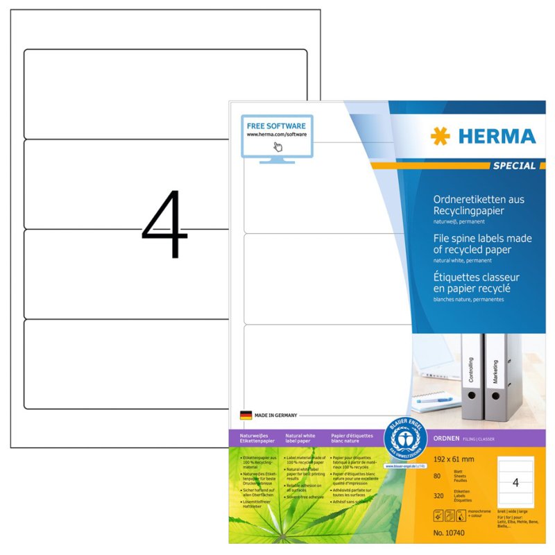 HERMA lever arch labels, white, recycled paper, 80 pieces