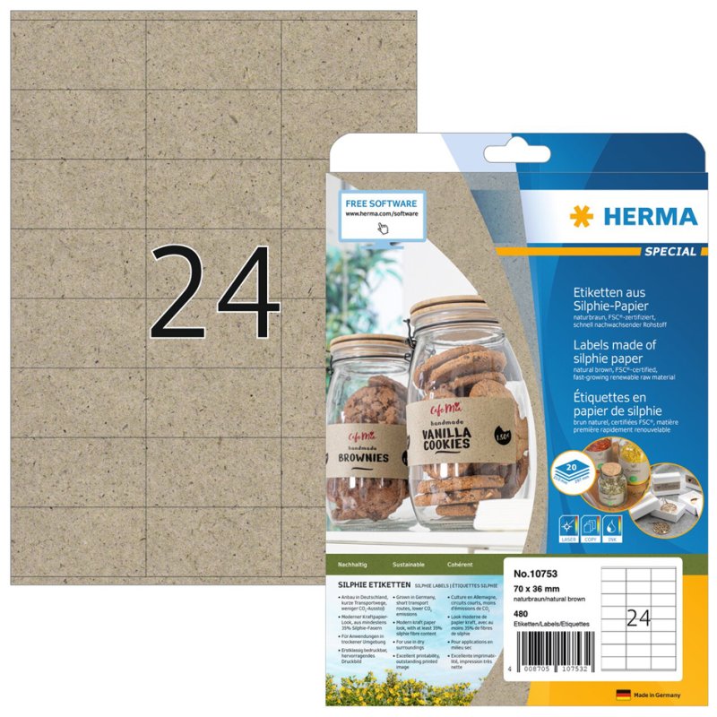 HERMA étiquettes papier silphie, 210 × 297 mm, brun naturel, 20 pièces