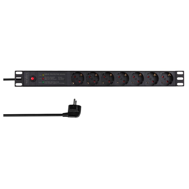 LogiLink Professional 19 inch power strip, black, 7-way, surge protection, 1 HE