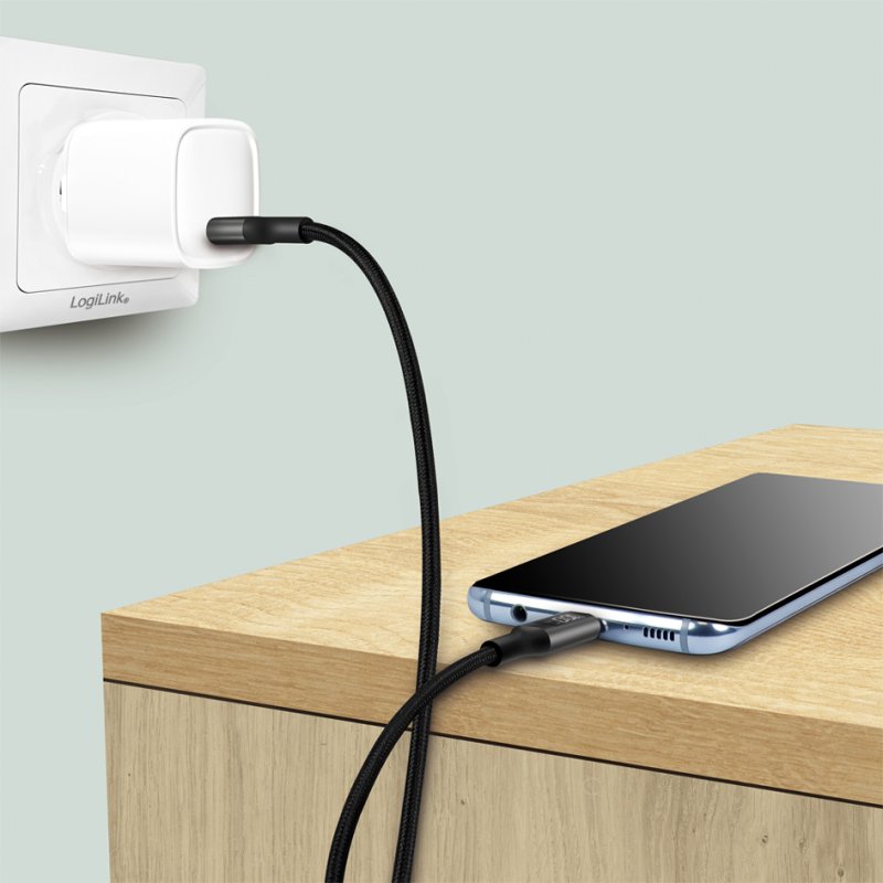 LogiLink Câble de charge USB-C avec écran OLED, noir, 2,0 m