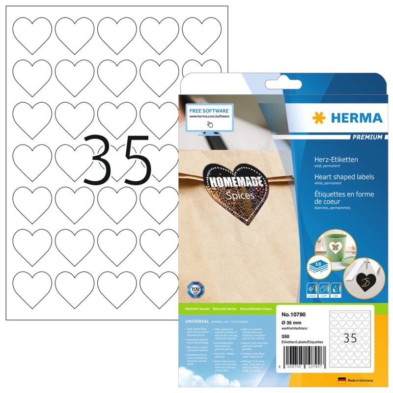 HERMA étiquettes en forme de cœur, diamètre 35 mm, blanc, 350 pièces