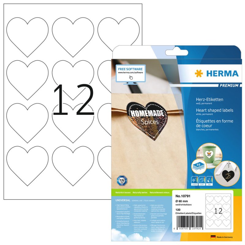 HERMA étiquettes en forme de cœur, diamètre 35 mm, blanc, 350 pièces