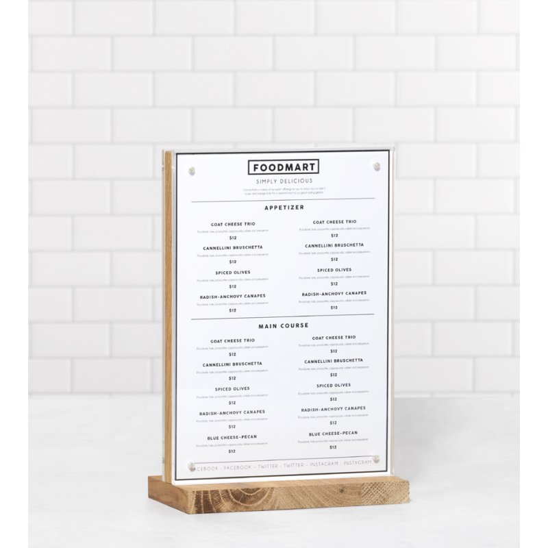 EUROPEL porte-documents de table Deluxe A6 debout, pied en chêne, acrylique cristal transparent