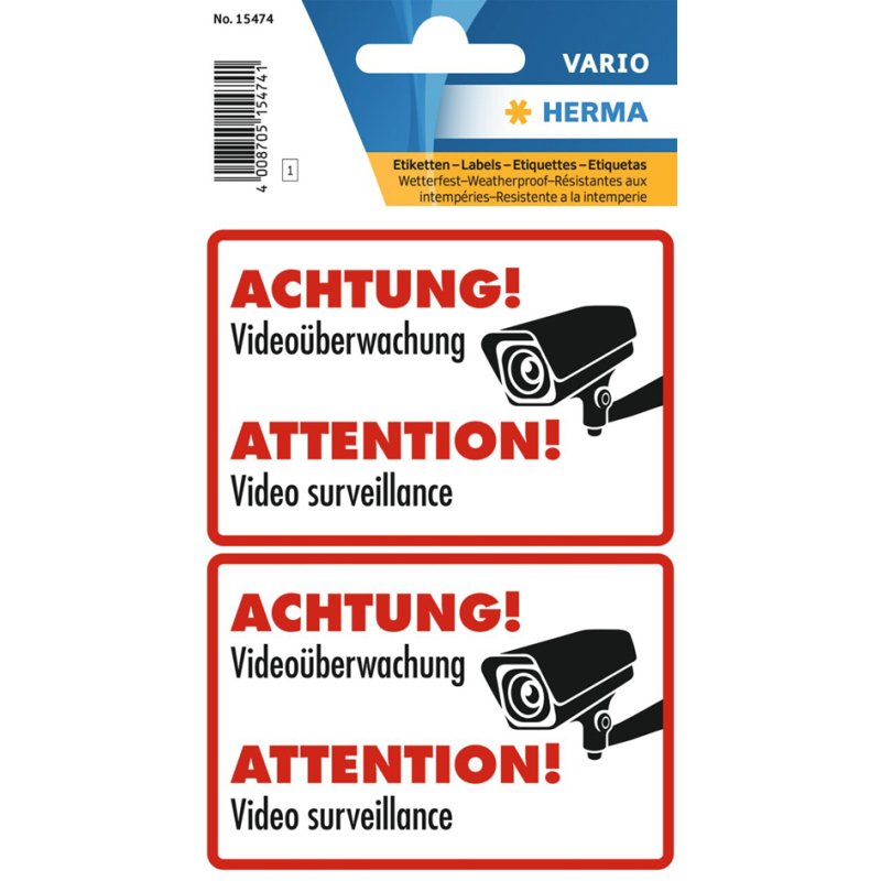 HERMA étiquettes d'avertissement ATTENTION Surveillance vidéo, 75×79 mm, résistant aux intempéries, 2 pièces