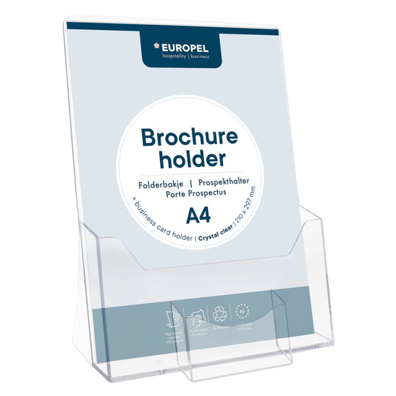 EUROPEL table leaflet holder A4 portrait, transparent, with business card compartment, polystyrene
