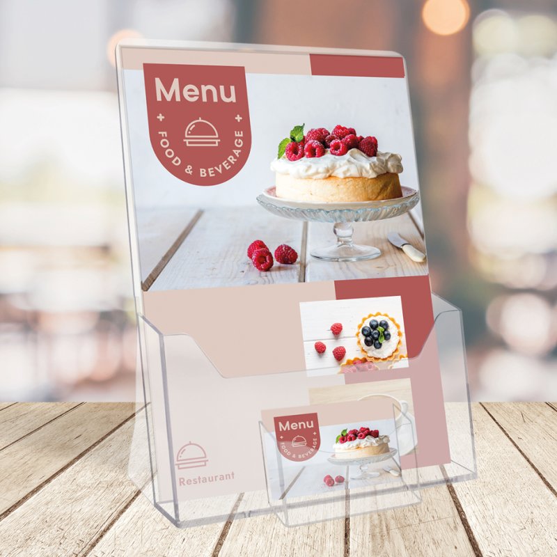 EUROPEL table leaflet holder A4 portrait, transparent, with business card compartment, polystyrene
