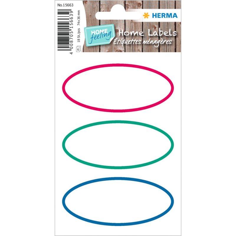 HERMA étiquettes ménagères ovales, 74×36 mm, bord coloré, 18 pcs