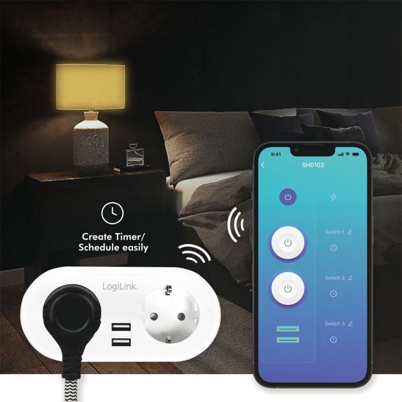 LogiLink smart power socket, 2 sockets + 2 USB ports, Wi-Fi, white