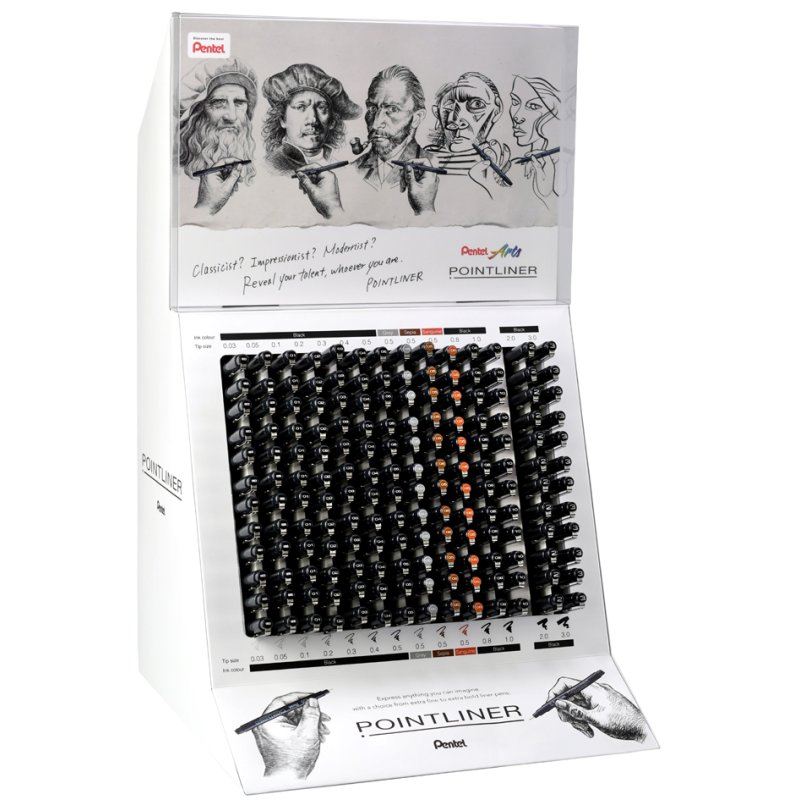 PentelArts permanent fineliners counter display, 168 pieces, 14 models, 4 colours