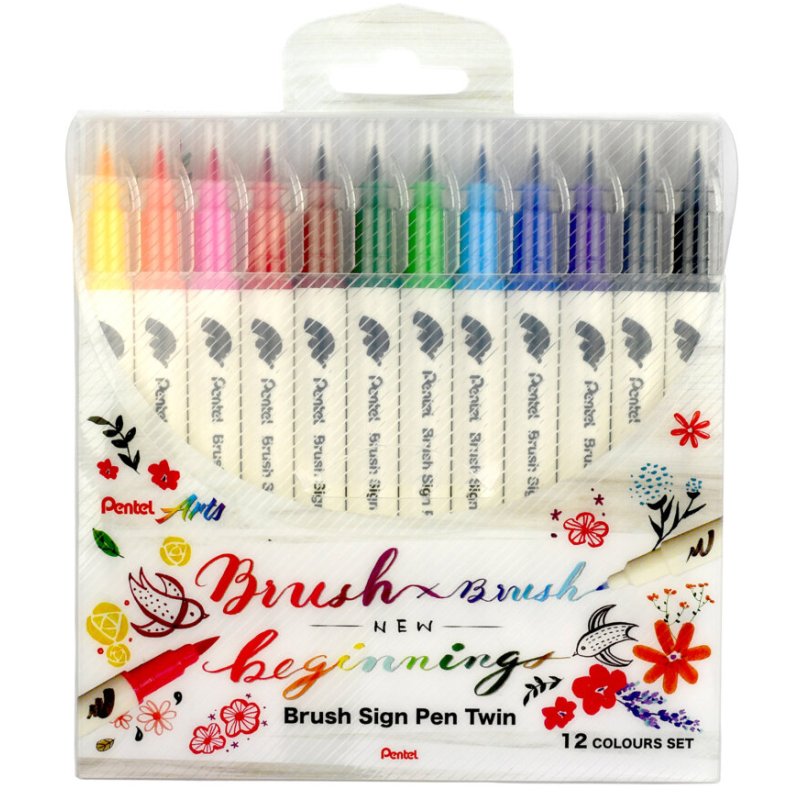 Pentel PentelArts BrushSign stylo pinceau, double pointe, 12 pièces, 12 couleurs