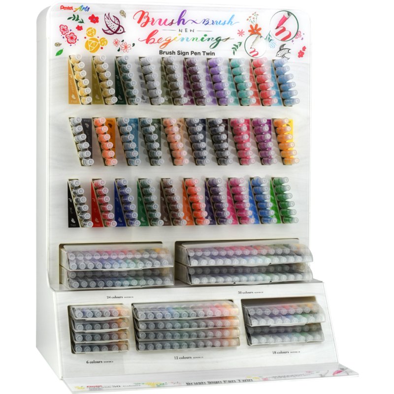 Pentel BrushSign Pen twin brush pen, counter display, 30 colours, 180 pieces
