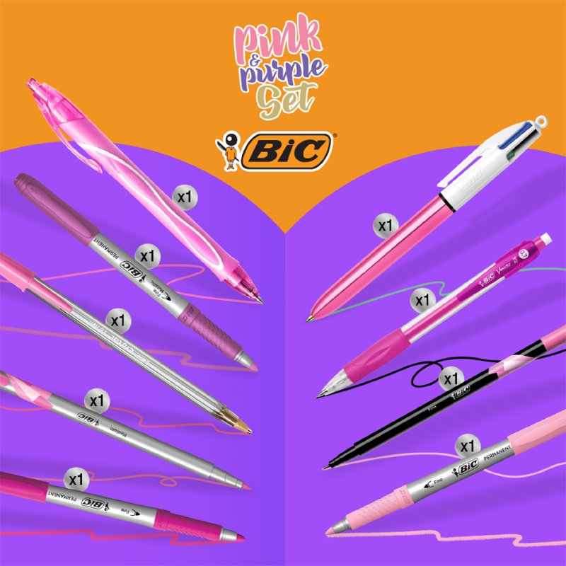BIC ensemble d'écriture PINK & PURPLE avec étui, 10 pièces, rose/mauve