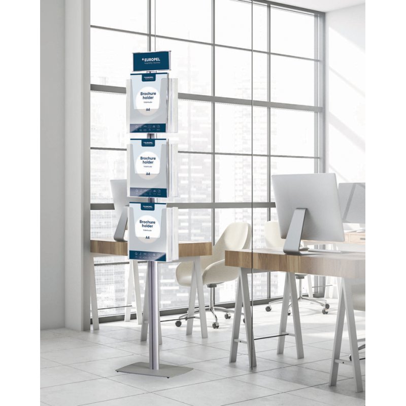 EUROPEL leaflet stand with base plate, silver, A4, 6 pockets