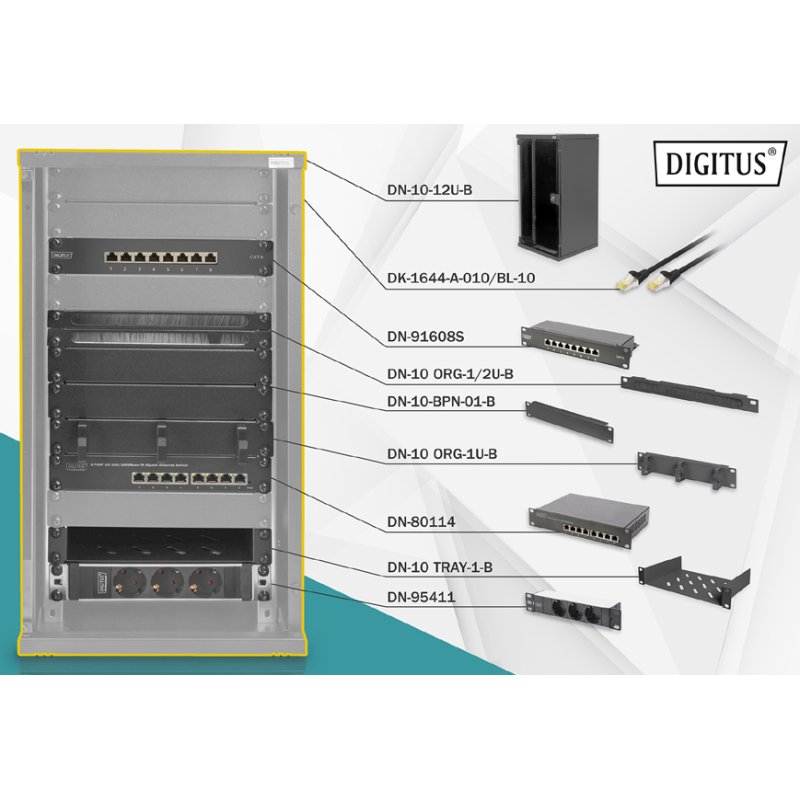 DIGITUS ensemble armoire réseau, 10 pouces, 312 × 300 mm, gris