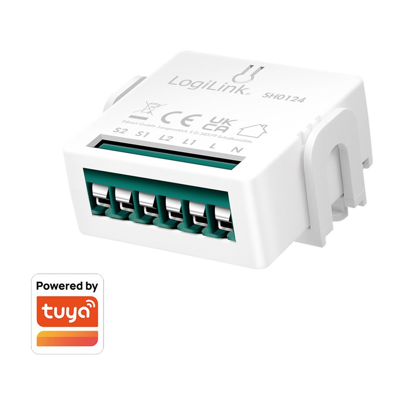 LogiLink Wi-Fi Smart module de commutation 2 canaux, compatible Tuya, blanc, encastré