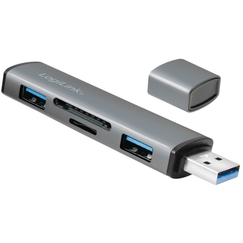 LogiLink Hub USB 3.2 Gen2 avec lecteur de cartes, 2 ports, aluminium