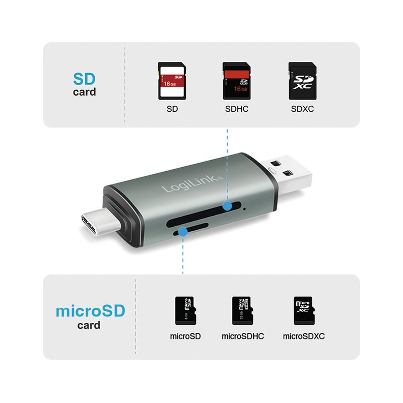 LogiLink USB 3.2 SD/Micro SD card reader, aluminium, compact travel size