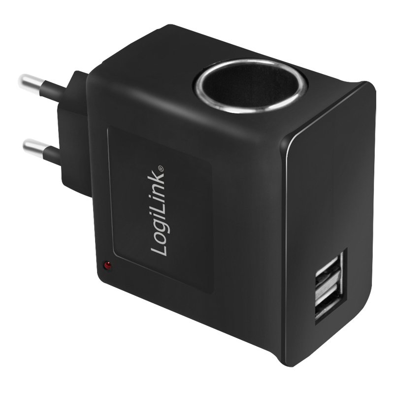 LogiLink AC/DC charger, cigarette lighter and 2x USB, black