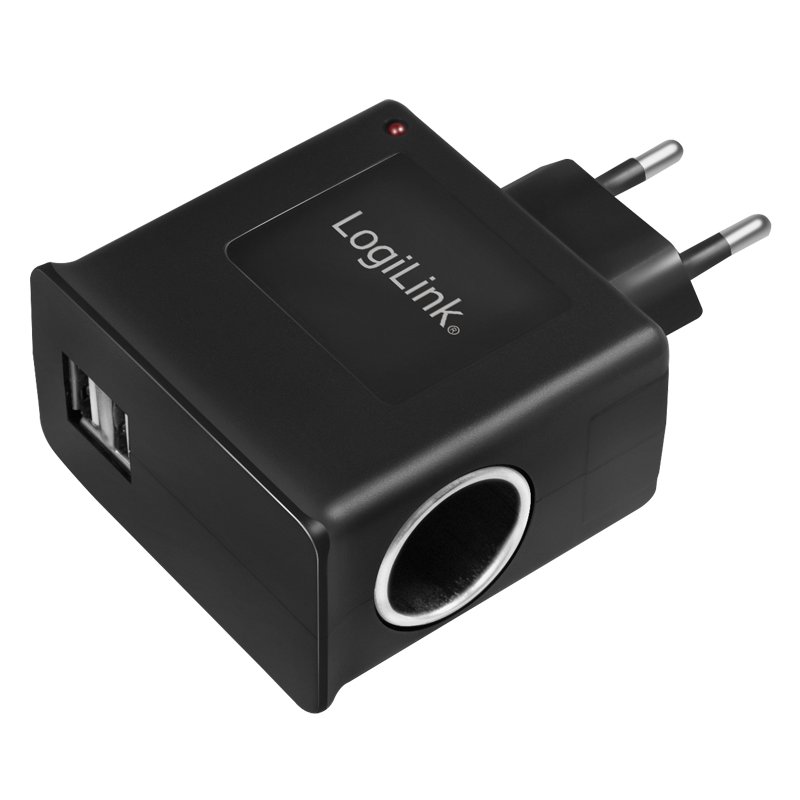 LogiLink AC/DC charger, cigarette lighter and 2x USB, black