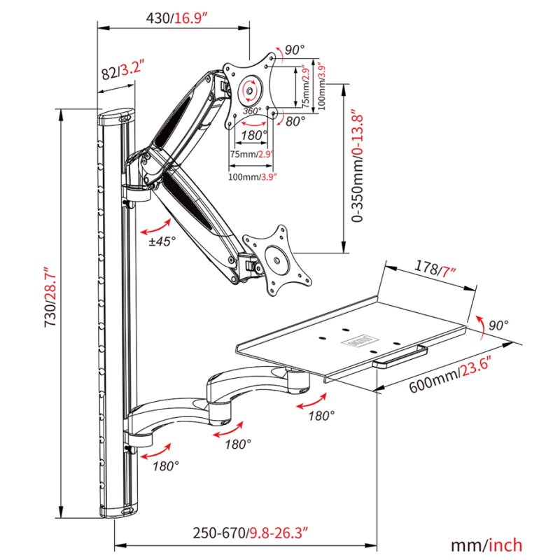 DIGITUS monitorarm met muis- en toetsenbordplateau, wandmontage, wit, 32 inch