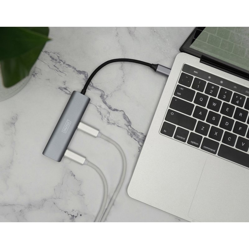 DIGITUS USB-C hub 4 poorts, donkergrijs, aluminium behuizing