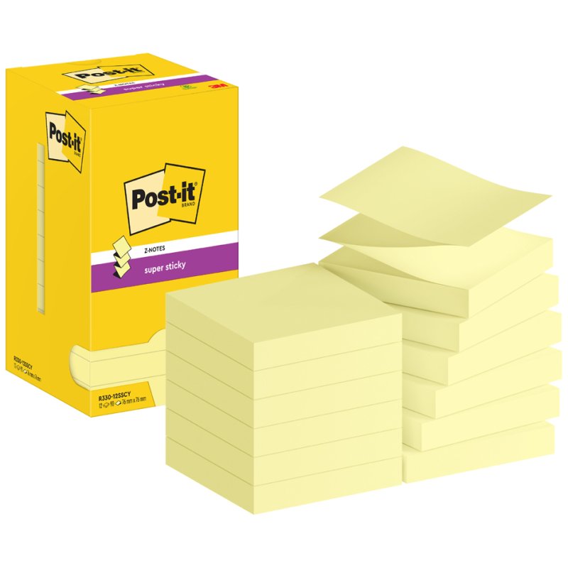 Post-it Super Sticky Z-notes, 76 × 127 mm, jaune canari, 12 blocs