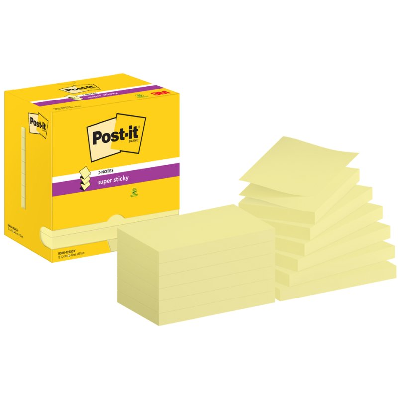 Post-it Super Sticky Z-notes, 76 × 127 mm, jaune canari, 12 blocs