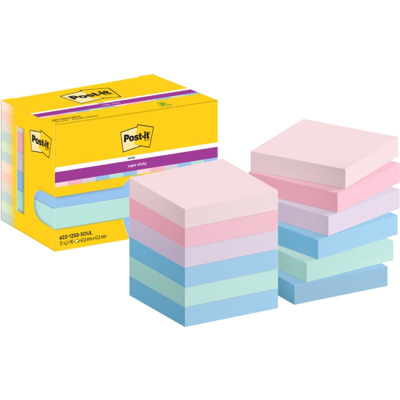 Post-it Super Sticky bloc-notes adhésifs Collection Ludique, 47,6×47,6 mm, 12 blocs