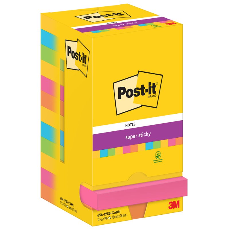 Post-it Blocs de notes super sticky, 76×76 mm, néon, 12 pièces