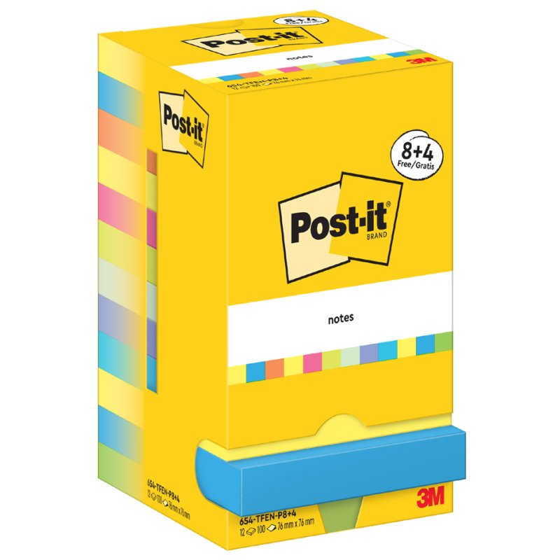 Post-it notes auto-adhésifs, 76×76 mm, couleurs Energetic, 12 blocs