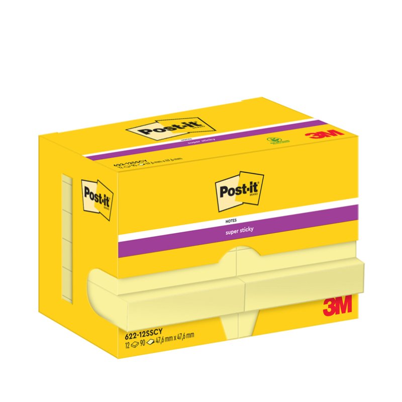 Post-it bloc-notes super sticky, 76×76 mm, jaune, 12 blocs