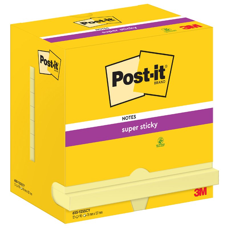 Post-it bloc-notes super sticky, 76×76 mm, jaune, 12 blocs