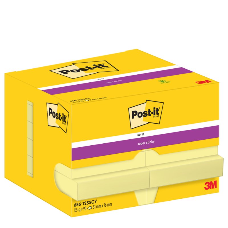 Post-it bloc-notes super sticky, 76×76 mm, jaune, 12 blocs
